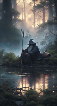 a wizard sitting on the edge of a lake