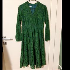 Never Worn But Has No Tags. I Am The Original Buyer. Size S. Waist Is About 15 Inches Across Front Of Dress. Pit-To-Pit Is About 17 Inches. Fits Like A Size 2. Dress Is Midi Length. Green Midi-length Vintage Dress For Spring, Green Vintage A-line Midi Dress, Spring Green Button-up Midi Dress, Green Lace Midi Dress, Green Lace V-neck Midi Dress, Green Lace Dresses, Green Lace, Size 2, Midi Length