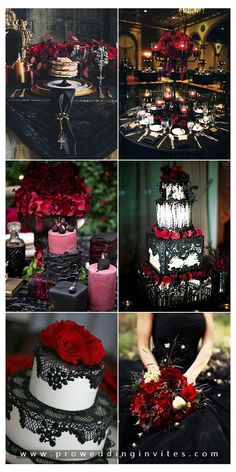 a collage of photos with red roses and black lace on them, including cake