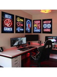 three computer monitors sitting on top of a desk