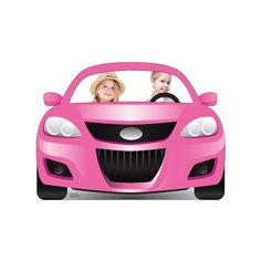 a pink car with two people in it