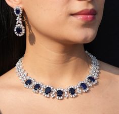 Etsy Jewelry Necklace, Navy Blue Jewelry, Blue Diamond Necklace, Sapphire Jewelry Set, Sapphire Diamond Necklace, Bride Wedding Gift, Necklace Sapphire, Blink Blink, American Diamond Necklaces