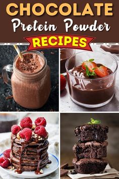 chocolate protein powder recipe collage with text overlay that reads, chocolate protein protein powder recipes