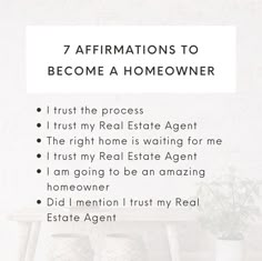 a table with vases on it and the words 7 affirmations to become a homeowner