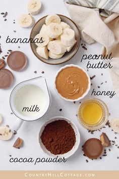 ingredients to make peanut butter and cocoa pudding on a white surface with text overlay