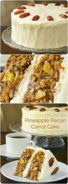 there is a cake with white frosting and pecans on the top, pineapple pecan carrot cake on the bottom