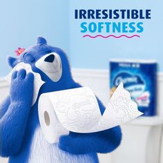 a blue bear holding a roll of toilet paper with the words irresistiblely softness on it