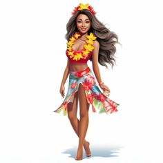 a woman in a hula skirt with flowers on it