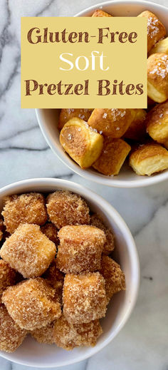 two bowls filled with gluten - free soft pretzel bites next to each other