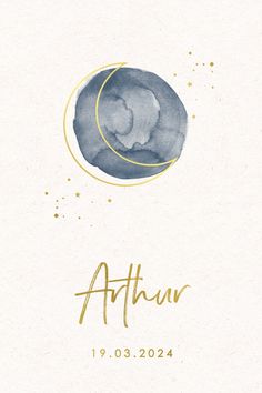 an image of the moon with gold lettering on it and blue watercolor paint splatters