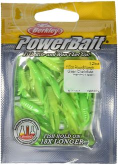 a package of green plastic fishing lures on a white background with the title powerball