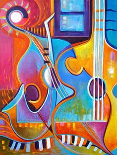 an abstract painting with two guitars on it