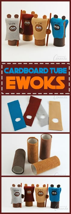 cardboard tube ewoks are lined up in different shapes and sizes, with the words cardboard tube ewoks on them