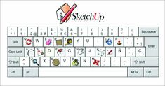 a computer keyboard with the words sketchup written on it and various symbols in different colors