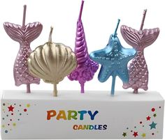 party candles with mermaid tail and starfish design on them, set of 3 pieces