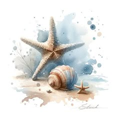 watercolor painting of starfish and seashell on the beach