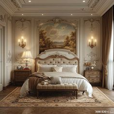 a bedroom with a large painting on the wall above the headboard and foot board