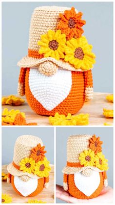 an orange and white crocheted bag with sunflowers on the front, two pictures