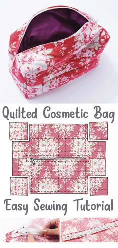 How to Sew a Quilted Makeup Bag Sewing Make Up Bag Free Pattern, Diy Sewing Makeup Bag, Makeup Bags Sewing Pattern, Diy Fabric Makeup Bag, How To Make A Cosmetic Bag, Makeup Bags Pattern, Makeup Pouches Diy, Diy Sew Makeup Bag, Makeup Bag Free Sewing Pattern