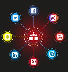 social media icons arranged in a circle on a black background with red and blue colors