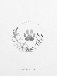 a dog's paw and flowers are shown in the center of this white background