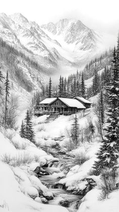 a drawing of a cabin in the mountains with snow on the ground and trees around it