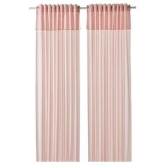 two pink curtains hanging on the side of a white curtain with pleated panels and metal rod ends