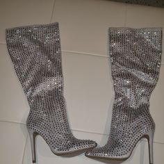 Boots Even More Stunning In Person 4 1/2" Heel (Size 8.5) 16" Shaft; 16" Calf Circumference Partial Side-Zip Closure Textile Upper/Synthetic Lining And Sole Silver Stilettos, Olive Green Boots, Expensive Jewelry Luxury, Green Boots, Knee High Heels, Stiletto Boots, Black Heel Boots, Studded Boots, Expensive Jewelry