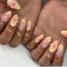 Hello welcome to my shop. I only use high-quality materials to create a luxurious nail press that you can trust to be strong and long-lasting. Hope you can find your favorite nails. My nails will last: Use adhesive sheets (provided with nail kit) for 1-2 days Use nail glue for 2-3 weeks. All nails can be reused multiple times if you take good care of them. If you would like a custom size, please fill out the personalization section under product options. If you're not sure how to measure your na Almond Jelly Nails Designs, Airbrushed French Nails, Pink And Yellow Flower Nails, Summer Almond Nails 2024, Summer Aura Nails, Purple Yellow Nails, Almond Summer Nail Ideas, Yellow Pink Nails, Yellow And Pink Nails