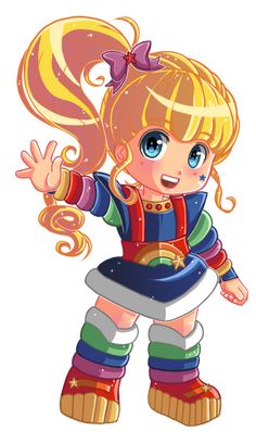 a cartoon girl with long blonde hair and blue eyes wearing colorful clothes, holding her hands out