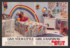 a child's bedroom with rainbow decorations and teddy bears on the bed in it