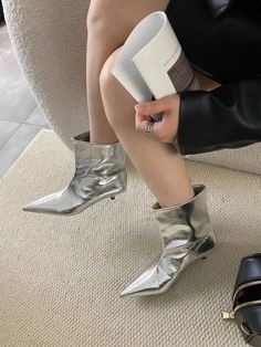 LBSFY - Pointed Toe Women Ankle Boots 2024 New Arrivals Shallow Slip On Black Silver Winter Autumn Party Pumps Shoes Woman Size 35-39 Size 225=35=22.5cm Size 230=36=23cm Size 235=37=23.5cm Size 240=38=24cm Size 245=39=24.5cm Winter Party Heels With Low Heel, Winter Party Low Heel Shoes, Trendy Low Heel Heels For Winter, Trendy Party Boots With Round Toe, Trendy Low Heel Winter Heels, Ankle-high Boots For Summer Night Out, Ankle-high Boots For Night Out In Summer, Low Heel Party Heels For Fall, Fall Party Heels With Low Heel