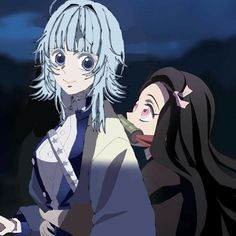 two anime characters standing next to each other in front of a dark sky with clouds