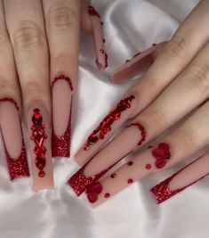 Clear Glitter Nails, Long Red Nails, Quinceanera Nails, Nail Designs Ideas, Punk Nails, Red Acrylic Nails, Diy Acrylic Nails, Nails Design With Rhinestones, Simple Acrylic Nails