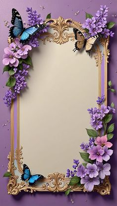 an ornate gold frame with purple flowers and butterflies on the edges is surrounded by green leaves