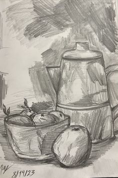 a pencil drawing of apples and a teapot