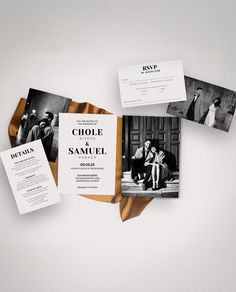 the wedding stationery is laid out on top of each other