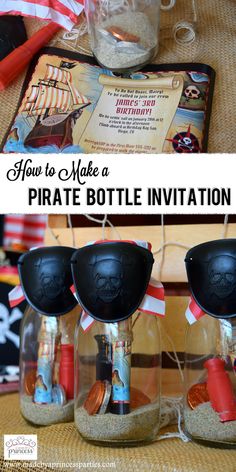 pirate bottle party favors in mason jars with the text, how to make a pirate bottle invitation