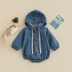 2022-08-04 Lioraitiin 0-24M Infant Baby Boy Fall Hooded Bodysuit Long Sleeve Button Front Solid Denim Bodysuit, Bodysuit Jumpsuit, Baby Smiles, Jumpsuits And Romper, Spring Baby, Cute Rompers, Long Sleeve Romper, Girl Falling, Comfy Outfits