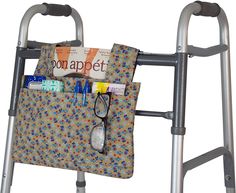 an elderly woman's walker with medical supplies in the pocket and on top of it