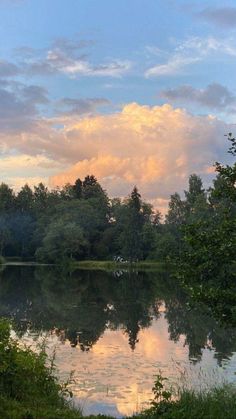 the sky is reflected in the calm water at sunset, with trees lining the shore