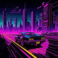 a car driving down a city street in front of tall buildings with neon lights on them