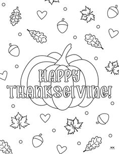 a happy thanksgiving coloring page with leaves and hearts