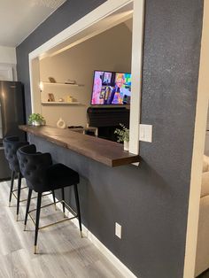 #Home Renovation Bar Between Kitchen And Dining, Wall Counter Design, Half Wall Countertop Bar, Kitchen Hole In Wall Ideas, Half Wall Bar, Breakfast Bar Built Into Wall, Wall Mounted Bar Counter, Kitchen Wall Opening