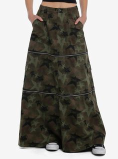 This is the skirt that keeps on giving! This skirt has an allover camo star print and comes with two zip-off tiers so you can change the length from maxi  to midi  to mini depending on your mood! Comes with front and cargo pockets.Please note: Skirt is fitted with no stretch; size up for a looser fit.97% rayon; 3% spandexWash cold; dry flat No stretch3 zippered partsImported Listed in junior sizesModel is 5'10"Model wears size Small Social Collision, Types Of Clothing Styles, Cutesy Outfit, Camo Skirt, Hippie Clothes, Jeans T Shirt, Skirt Maxi, Cargo Skirt, Hippie Outfits