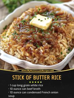 an advertisement for a rice dish with butter on top