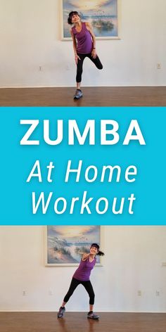 a woman doing zumba at home workout with the text zumba at home workout