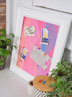 a white frame holding pictures and plants on a table next to a potted plant