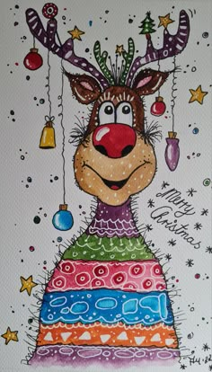 a drawing of a reindeer with christmas decorations on it's head