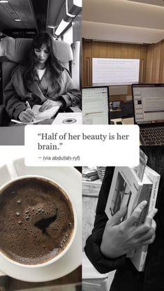 a woman sitting in front of a laptop computer next to a cup of coffee and a book